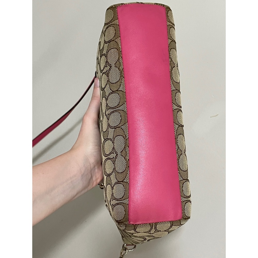 Coach Kelsey Signature Logo Canvas Leather F36625 Large Satchel Pink Khaki - Picture 11 of 14